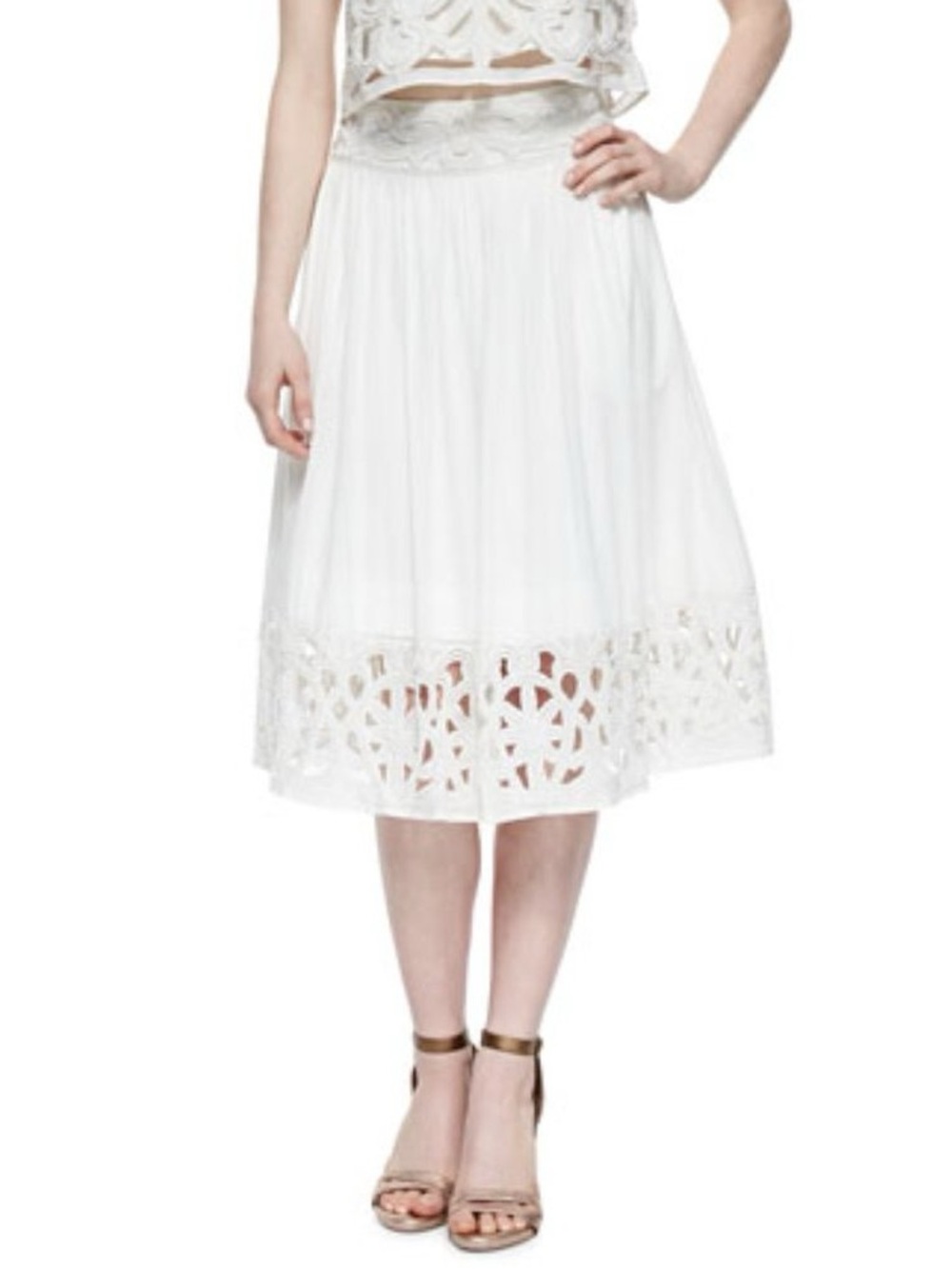 Alice + Olivia Embroidered Pearl Midi Skirt with Laser-Cut Hem